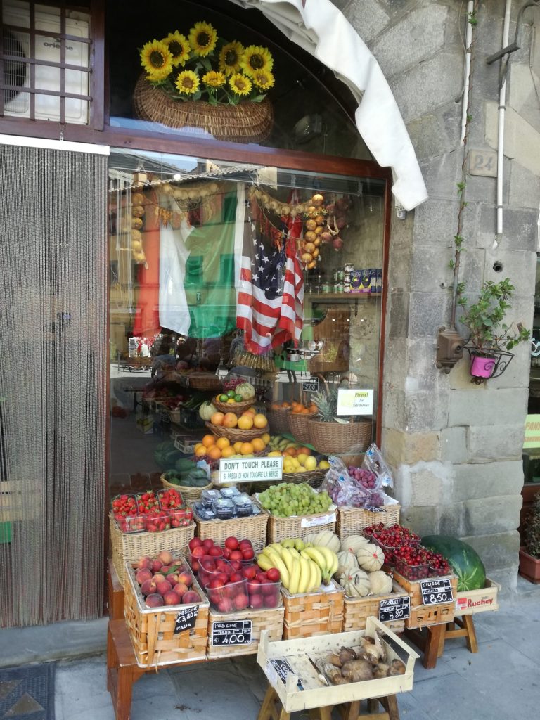 Fresh fruit and local produce at Nunziatina's shop on Piazza della Repubblica, Cortona