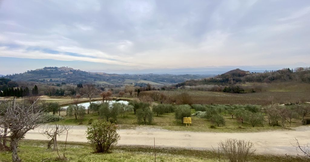 Day trips from Cortona — Montepulciano hilltop town viewed across the Tuscan countryside